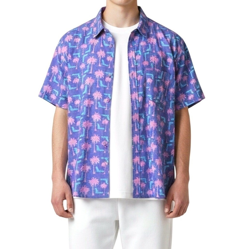 Retro Rifle Shirt‎ Mens Sz M Blue Rising Palm Stretch Button Up Tropical Palm